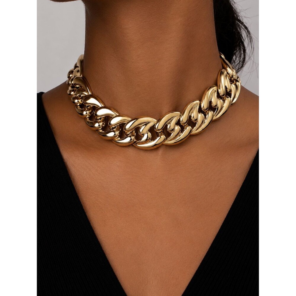 14K Gold Womens Chunky Gold Cuban Chain Choker Necklace Statement Collar Plated